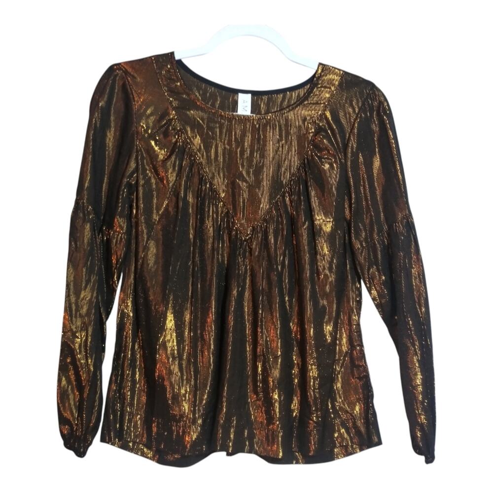 ANTHROPOLOGIE AMADI Merry Metallic Bronze Shimmer Blouse Top Petite Size XS